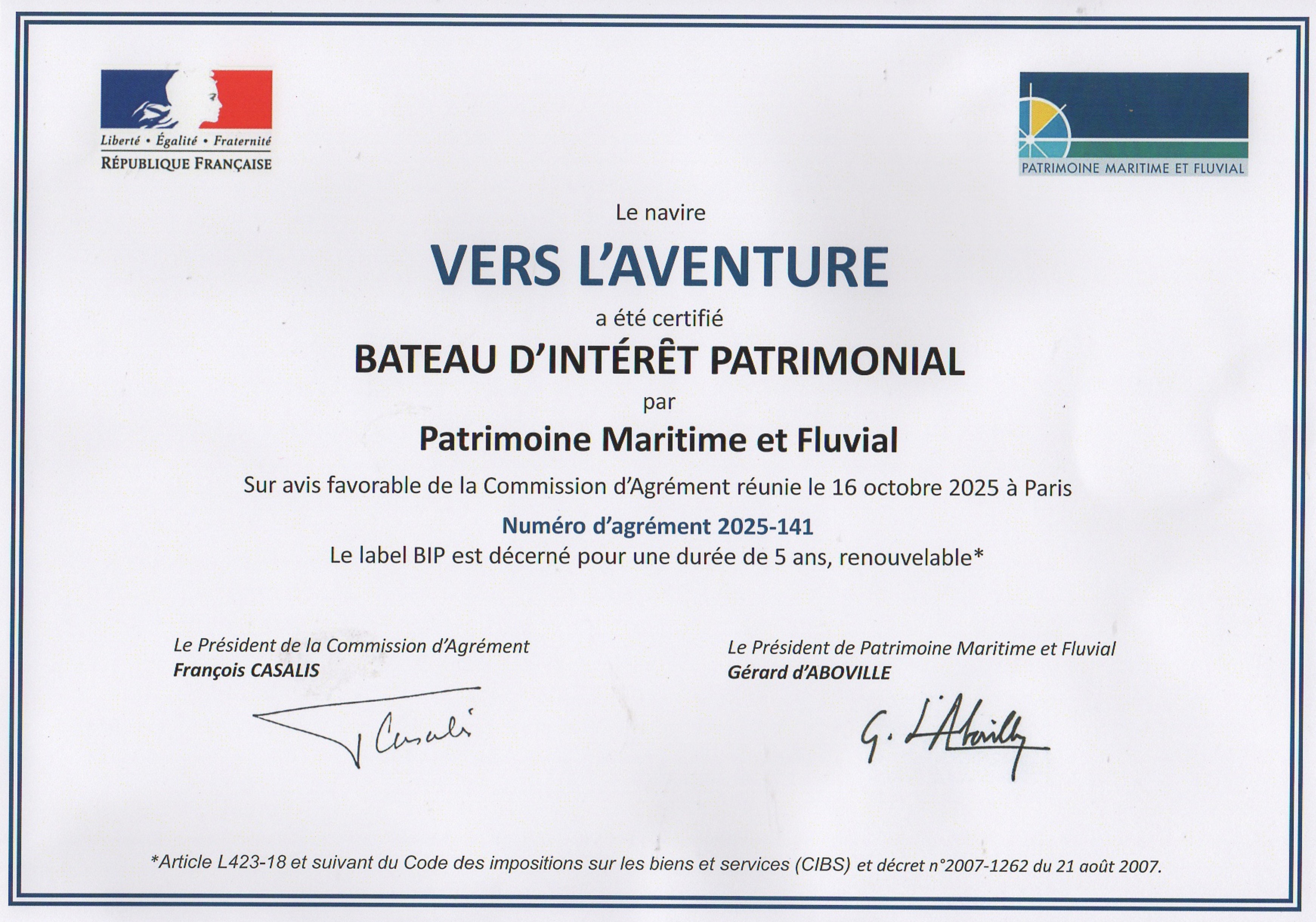 Bateau Vers l'Aventure - Intérêt patrimonial